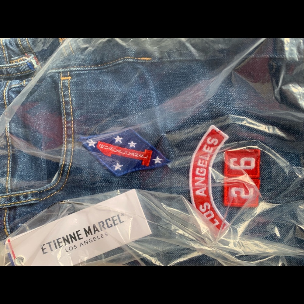 NWT. Etienne Marcel LA + Dark Blue Denim Patches Shorts - Picture 5 of 8